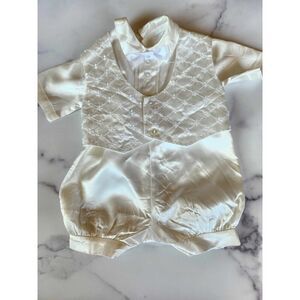 Phyllis Babywear boys 0-6 month vintage cream white satin formal shorts romper d